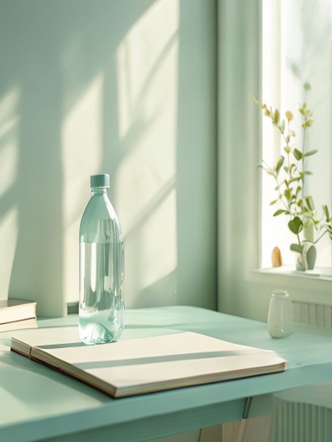 Bureau met computer, fles water en notities bij middag